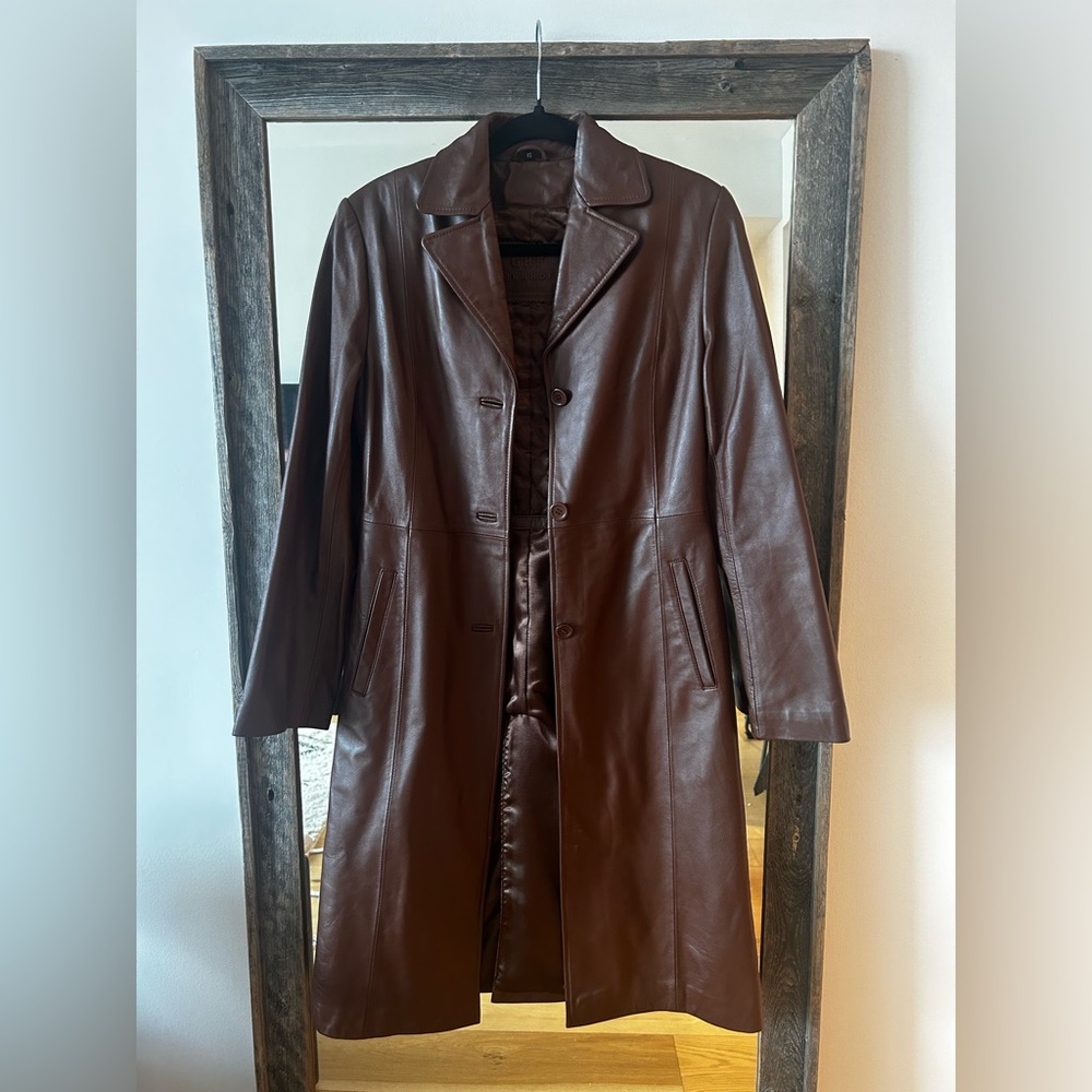 Genuine leather brown trench coat